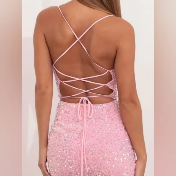 Lucy In The Sky Los Angeles Pink Sequin Mini Bodycon Dress Misses Large - Picture 3 of 8